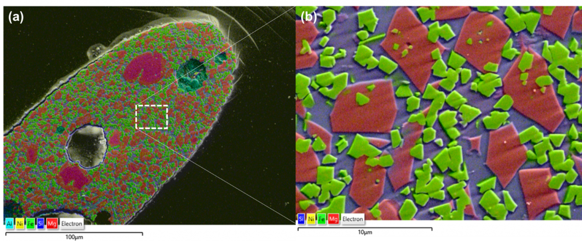 Figure 3: (a) EDS map combined with secondary electron image from the fusion crust layer of the Winchcombe meteorite at 1,000X magnification and (b) at 10,000 X magnification
